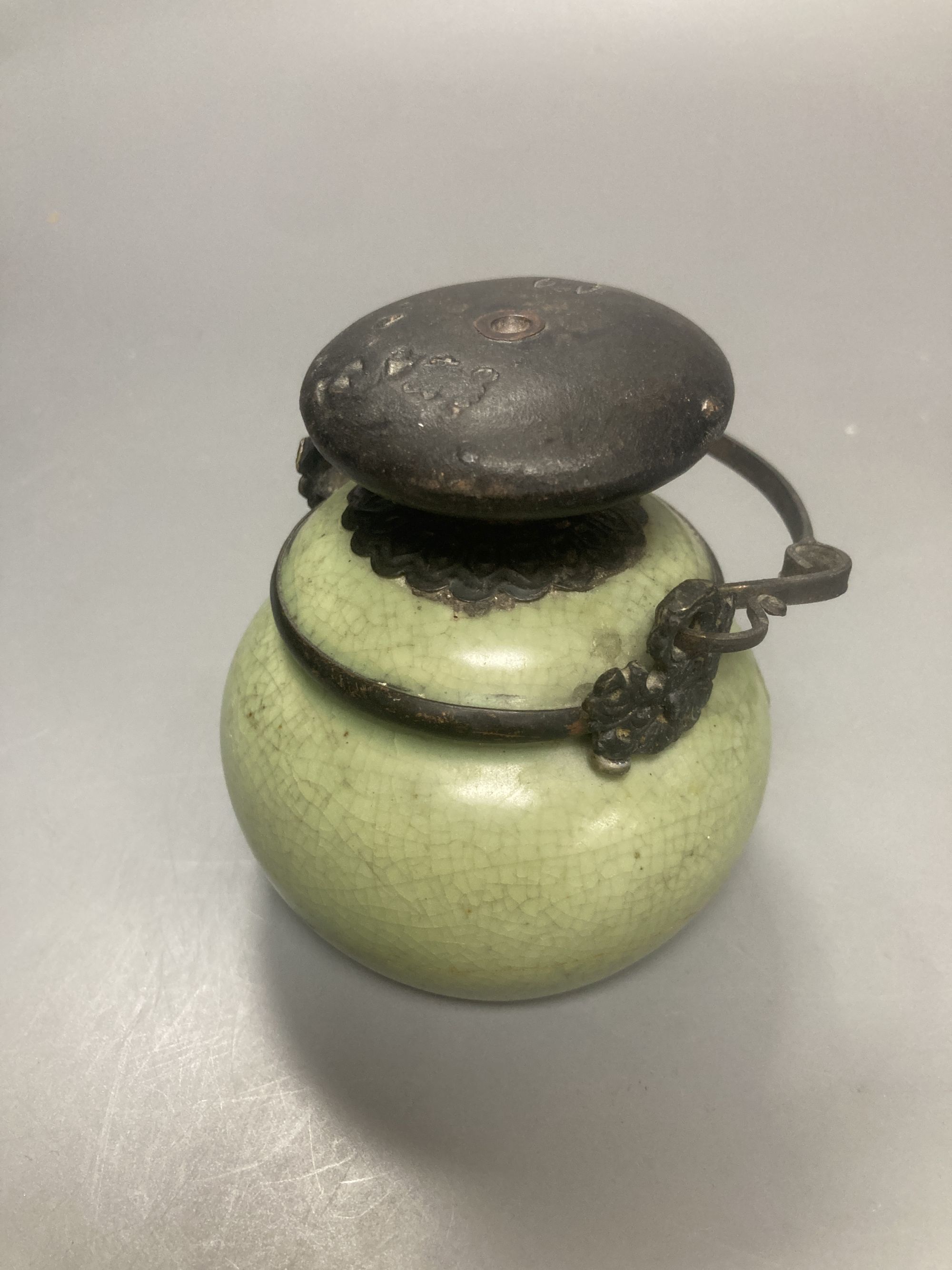 A Chinese celadon glazed water pipe and another 20cm total